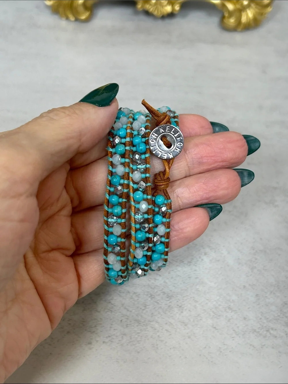 Turquoise Multi-Strand Stone and Crystal Beaded Wrap Bracelet with Brown Leather